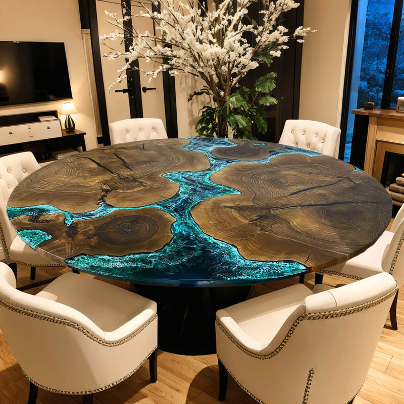 Custom Black Walnut Epoxy Resin River Round Coffee Table Blue Waves CRT-01