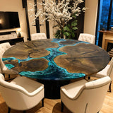Custom Black Walnut Epoxy Resin River Round Coffee Table Blue Waves CRT-01