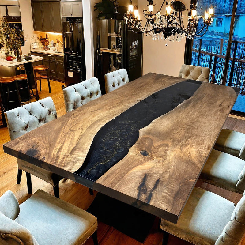 Custom Black Walnut Epoxy Resin River Table Black Resin BRT-23