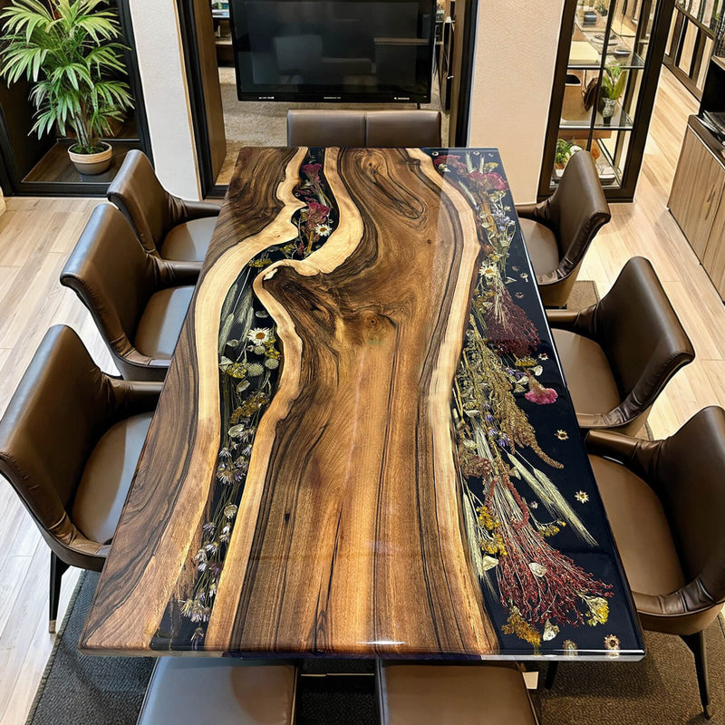 Custom Black Walnut Epoxy Resin Flower Table Black Resin BRT-06