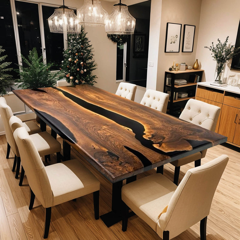 Custom Black Walnut Epoxy Resin River Table Black Resin BRT-14
