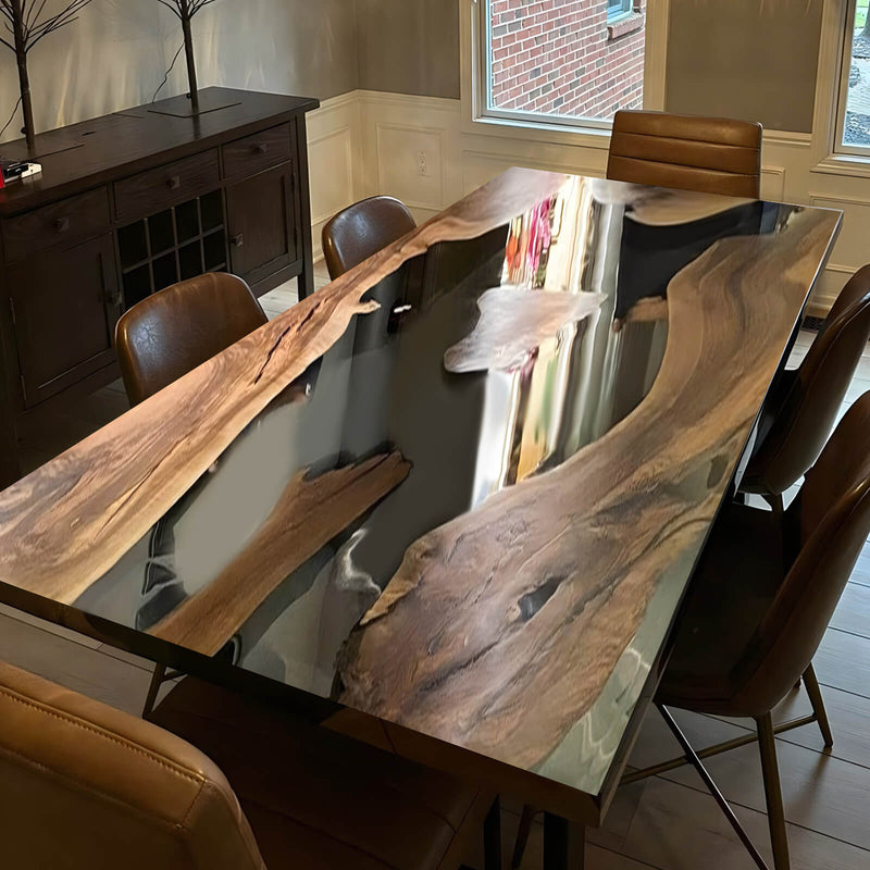 Custom Black Walnut Epoxy Resin River Table Black Transparent BRT-70
