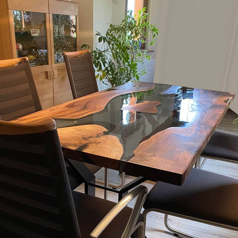 Custom Black Walnut Epoxy Resin River Table Black Transparent BRT-70
