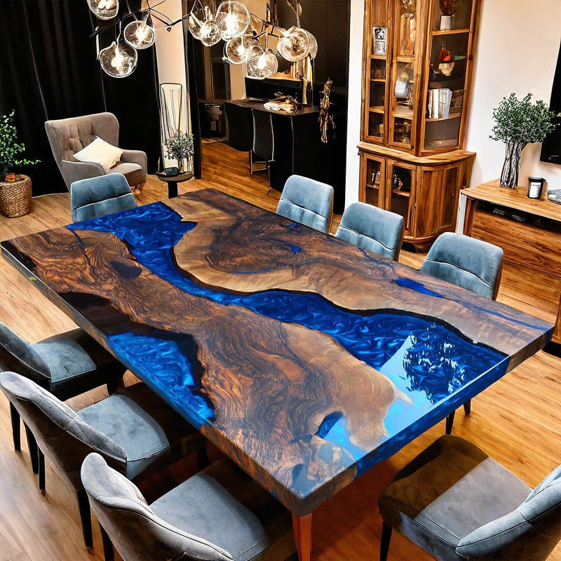 Custom Black Walnut Epoxy Resin River Table Blue Pearl BRT-97