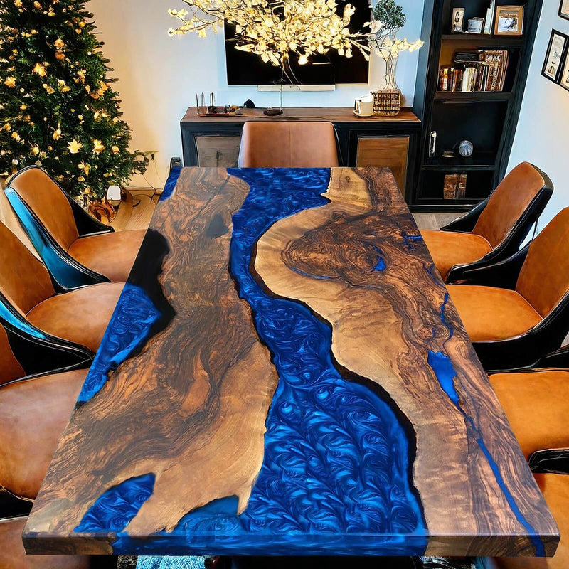 Custom Black Walnut Epoxy Resin River Table Blue Pearl BRT-97