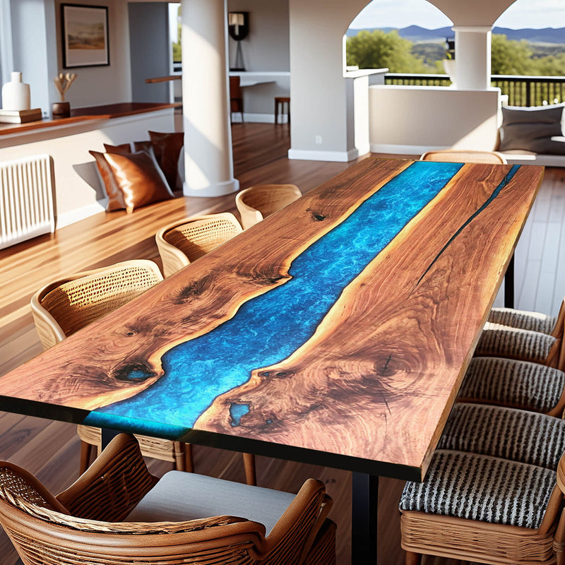 Custom Black Walnut Epoxy Resin River Table Blue Pearl BRT-61