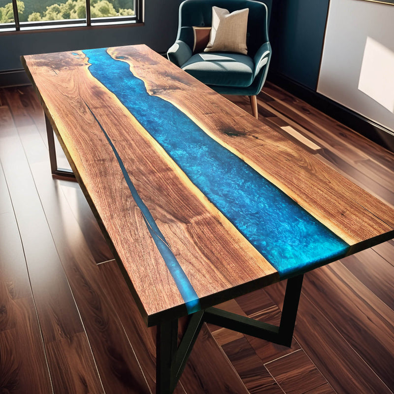 Custom Black Walnut Epoxy Resin River Table Blue Pearl BRT-61