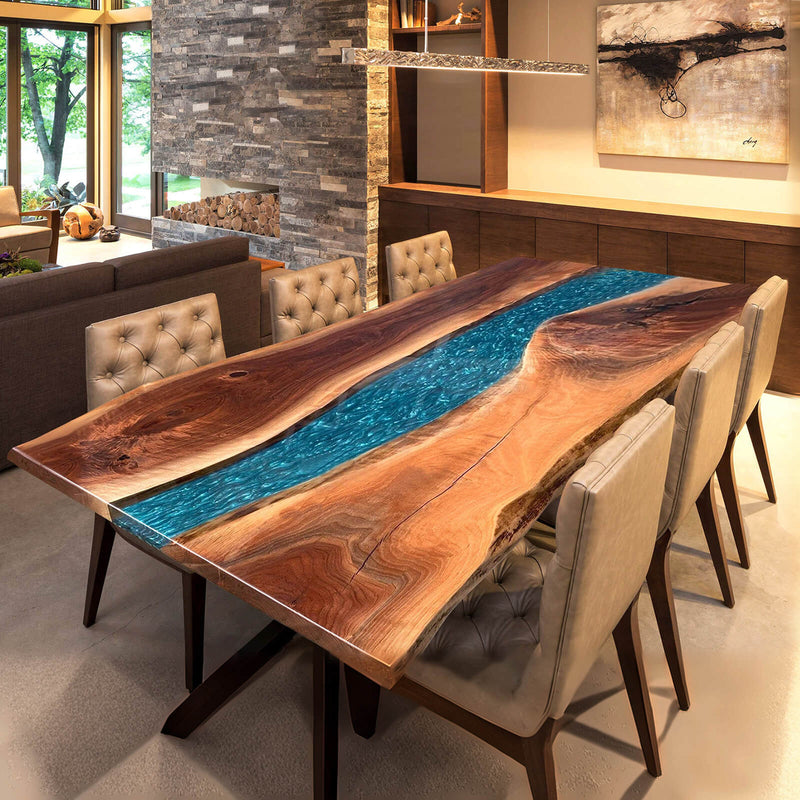 Custom Black Walnut Epoxy Resin River Table Blue Resin BRT-29