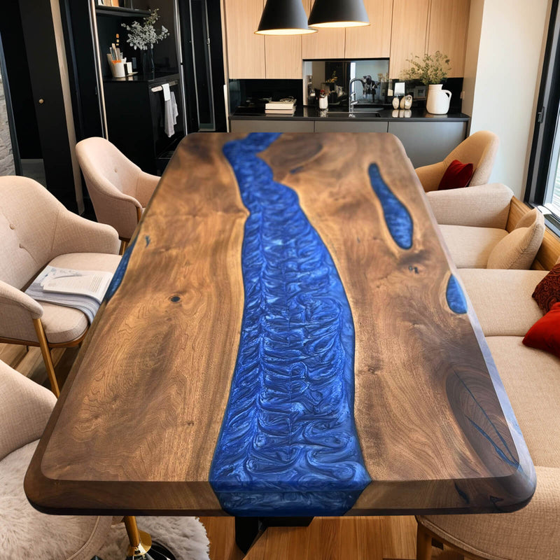 Custom Black Walnut Epoxy Resin River Table Blue Resin BRT-19
