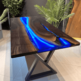 Custom Black Walnut Epoxy Resin River Table Blue Resin With Led Lights BRT-03