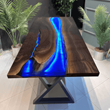 Custom Black Walnut Epoxy Resin River Table Blue Resin With Led Lights BRT-03