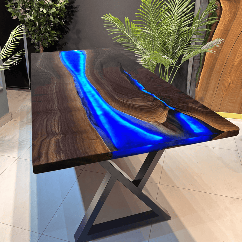 Custom Black Walnut Epoxy Resin River Table Blue Resin With Led Lights BRT-03