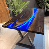 Custom Black Walnut Epoxy Resin River Table Blue Resin With Led Lights BRT-03