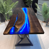 Custom Black Walnut Epoxy Resin River Table Blue Resin With Led Lights BRT-03