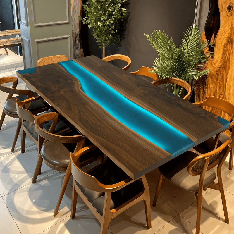 Custom Black Walnut Epoxy Resin River Table Blue Resin With Led Lights BRT-04