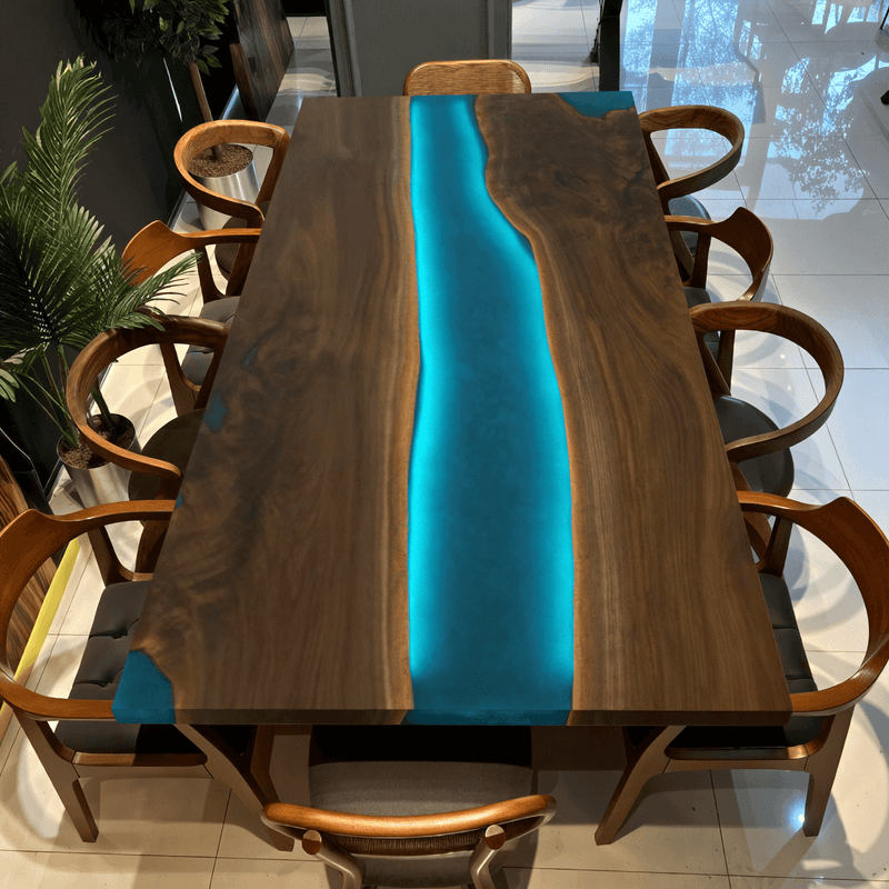 Custom Black Walnut Epoxy Resin River Table Blue Resin With Led Lights BRT-04