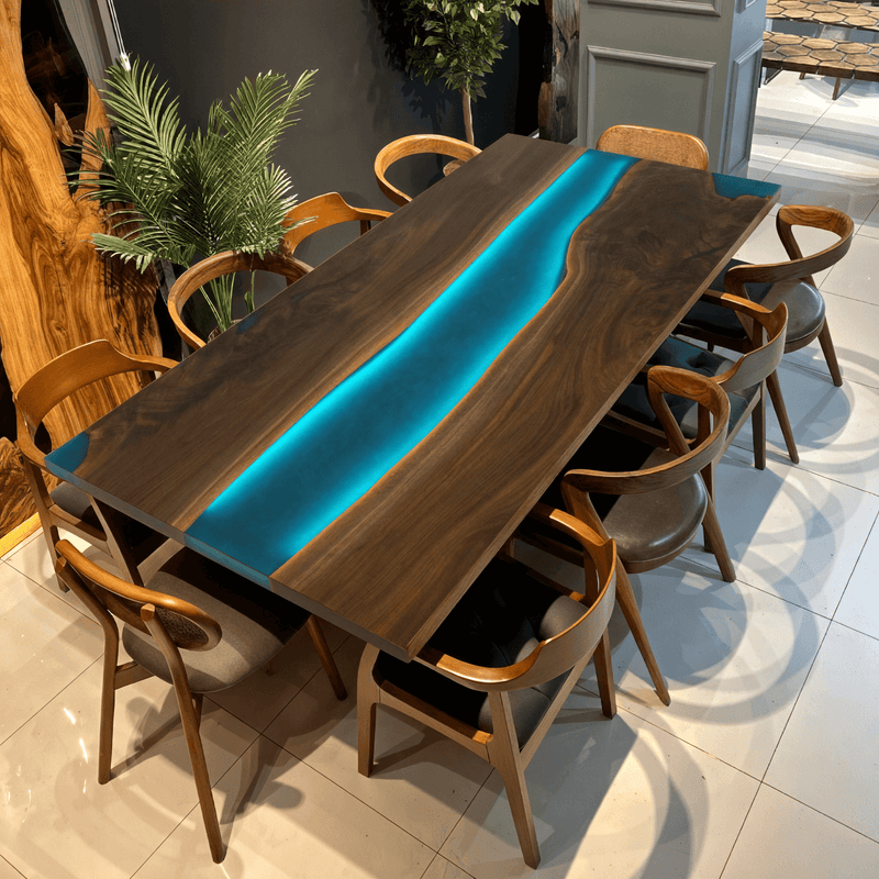 Custom Black Walnut Epoxy Resin River Table Blue Resin With Led Lights BRT-04