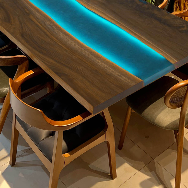 Custom Black Walnut Epoxy Resin River Table Blue Resin With Led Lights BRT-04