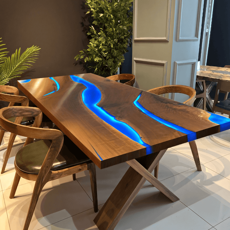 Custom Black Walnut Epoxy Resin River Table Blue Resin With Led Lights BRT-05