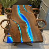 Custom Black Walnut Epoxy Resin River Table Blue Resin With Led Lights BRT-05
