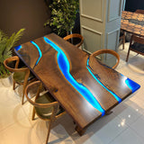 Custom Black Walnut Epoxy Resin River Table Blue Resin With Led Lights BRT-05