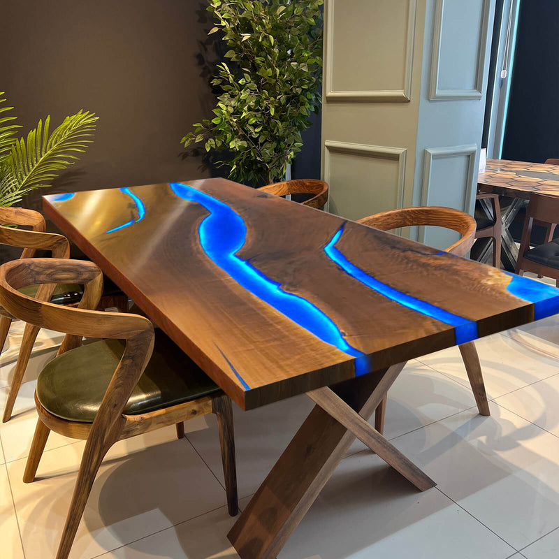 Custom Black Walnut Epoxy Resin River Table Blue Resin With Led Lights BRT-05