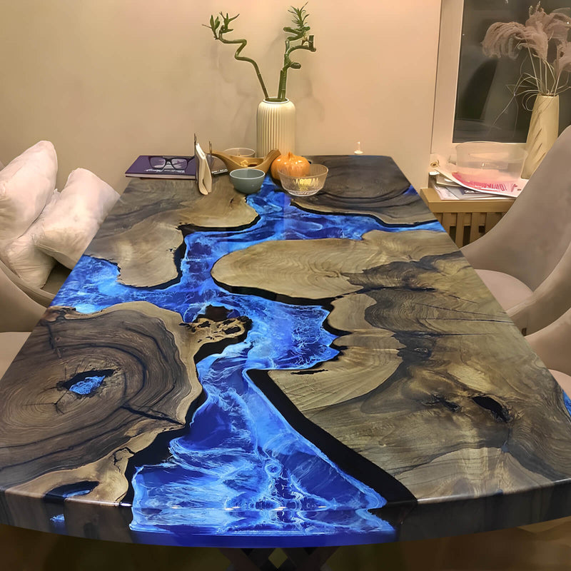 Custom Black Walnut Epoxy Resin River Table Blue Waves BRT-69
