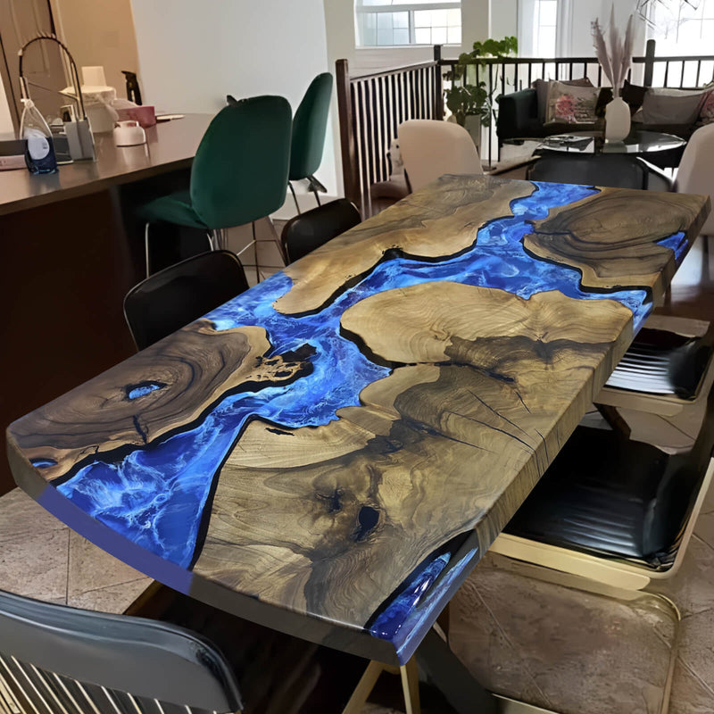 Custom Black Walnut Epoxy Resin River Table Blue Waves BRT-69