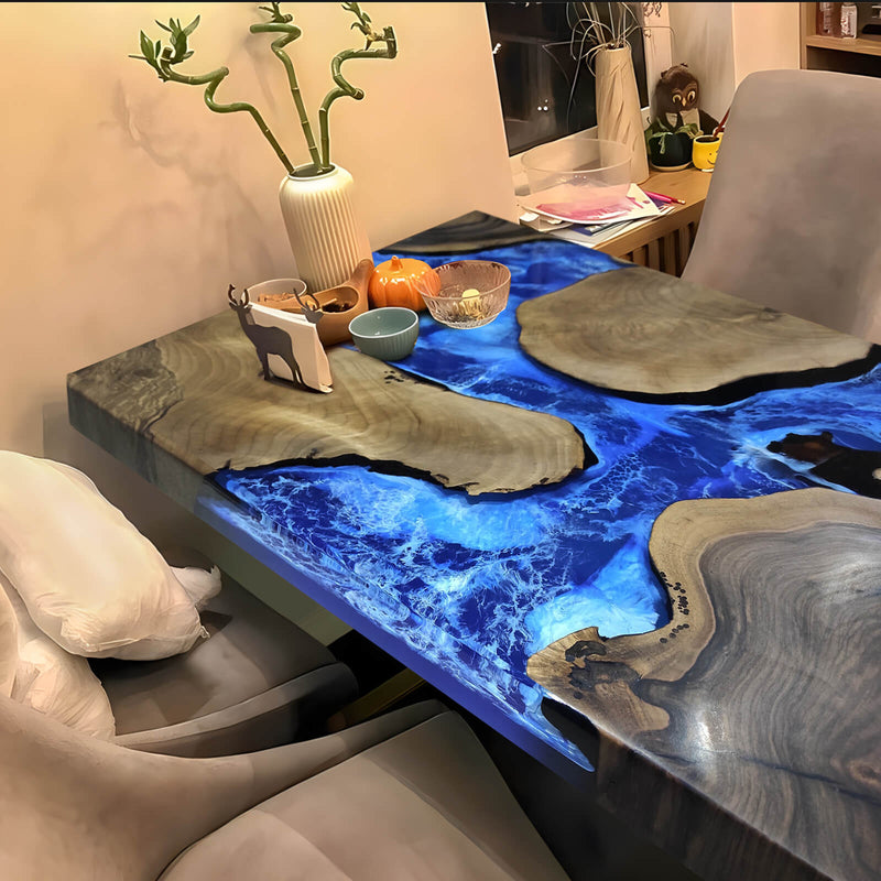 Custom Black Walnut Epoxy Resin River Table Blue Waves BRT-69