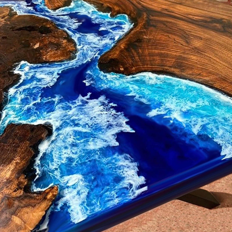 Custom Black Walnut Epoxy Resin River Table Blue Waves BRT-26