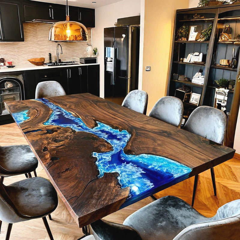 Custom Black Walnut Epoxy Resin River Table Blue Waves BRT-26