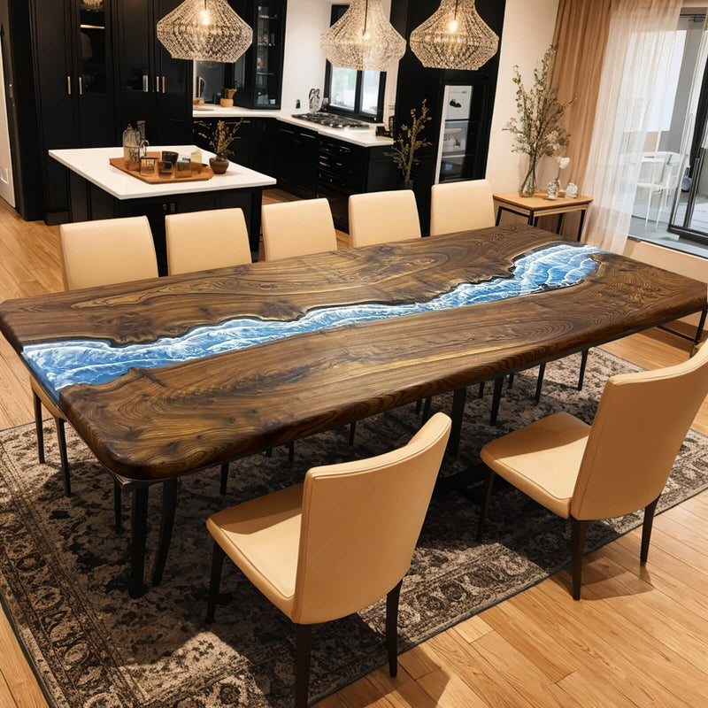Custom Black Walnut Epoxy Resin River Table Blue Waves BRT-83