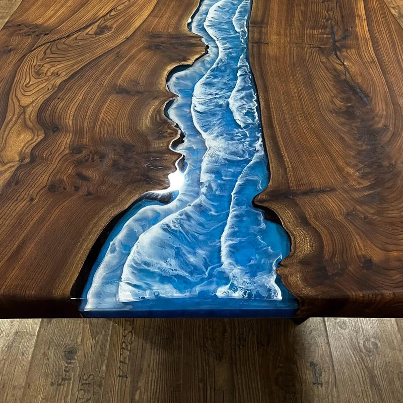 Custom Black Walnut Epoxy Resin River Table Blue Waves BRT-83