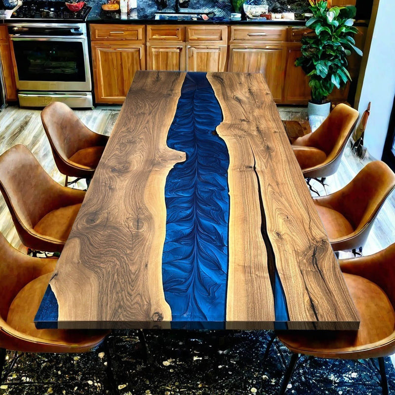 Custom Walnut Epoxy Resin River Table Blue Resin WRT-67