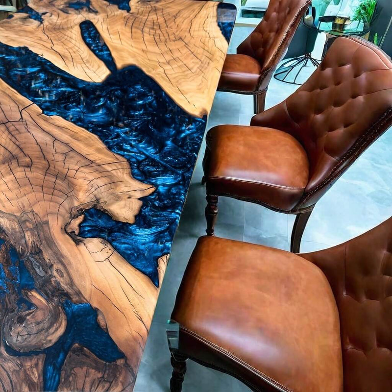 Custom Walnut Epoxy Resin River Table Blue Waves WRT-72