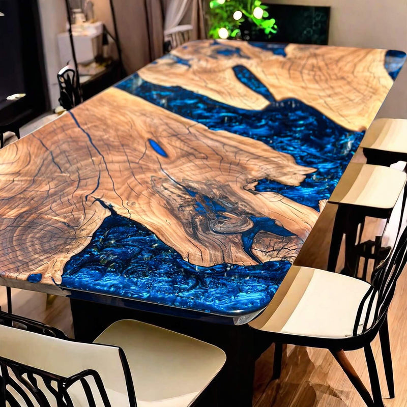 Custom Walnut Epoxy Resin River Table Blue Waves WRT-72