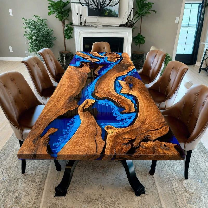 Custom Black Walnut Epoxy Resin River Table Blue Waves BRT-30