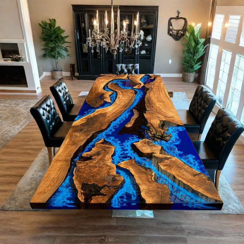 Custom Black Walnut Epoxy Resin River Table Blue Waves BRT-30