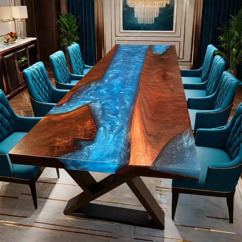Custom Black Walnut Epoxy Resin River Table Blue Waves BRT-33