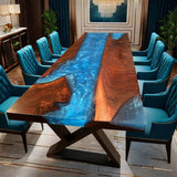 Custom Black Walnut Epoxy Resin River Table Blue Waves BRT-33