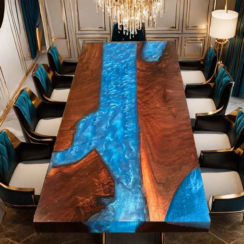 Custom Black Walnut Epoxy Resin River Table Blue Waves BRT-33