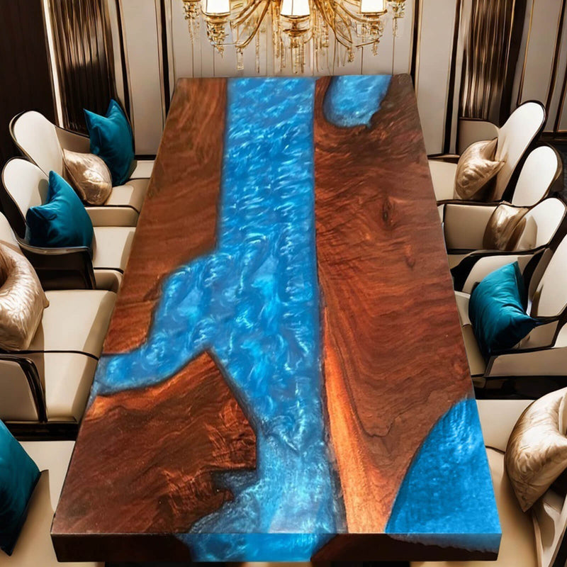 Custom Black Walnut Epoxy Resin River Table Blue Waves BRT-33
