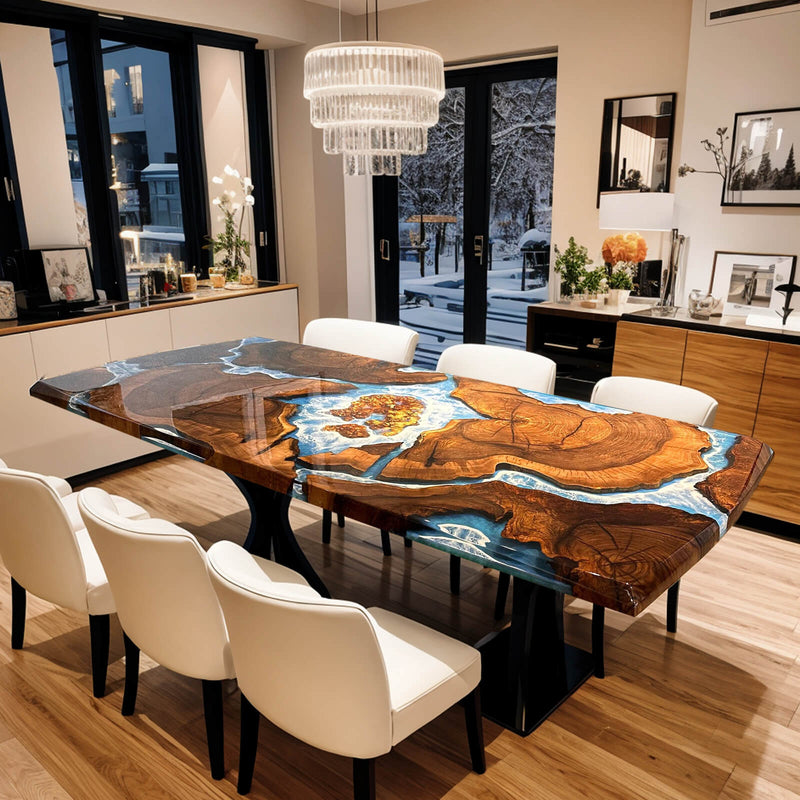 Custom Black Walnut Epoxy Resin River Table Blue Waves BRT-68