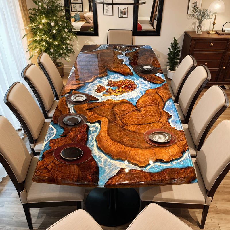 Custom Black Walnut Epoxy Resin River Table Blue Waves BRT-68