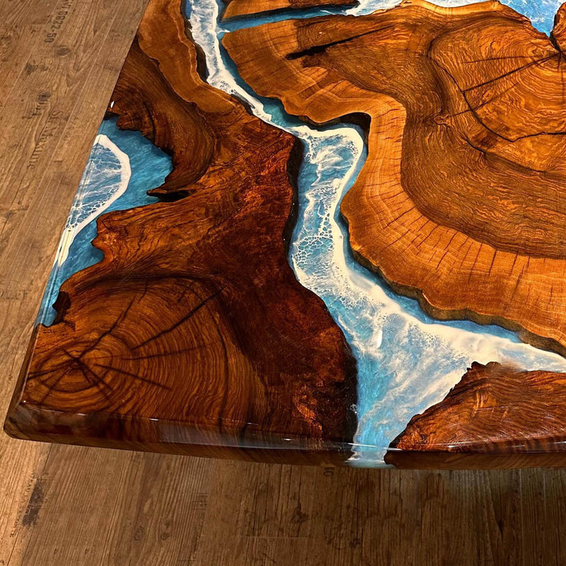Custom Black Walnut Epoxy Resin River Table Blue Waves BRT-68