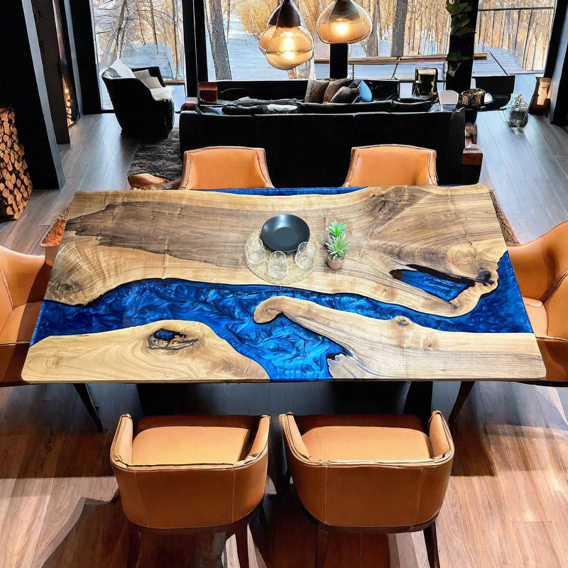 Custom Walnut Epoxy Resin River Table Blue Resin WRT-63