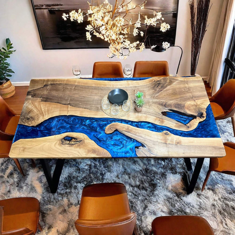 Custom Walnut Epoxy Resin River Table Blue Resin WRT-63