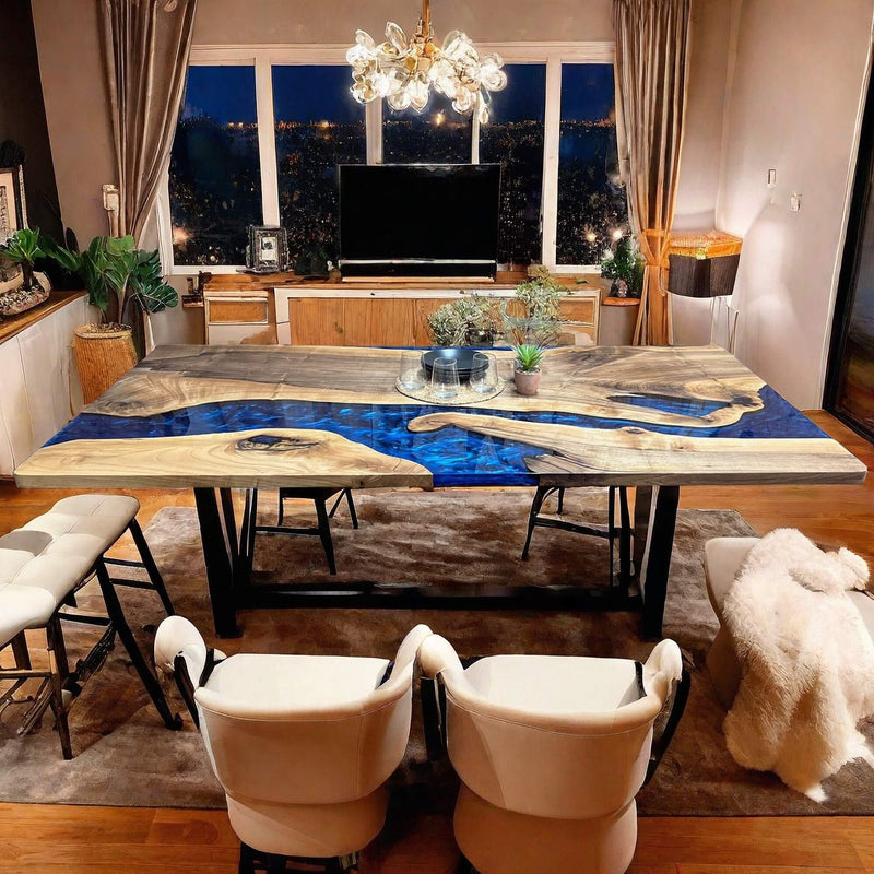 Custom Walnut Epoxy Resin River Table Blue Resin WRT-63
