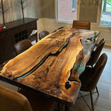 Custom Black Walnut Epoxy Resin River Table Gold Green BRT-92