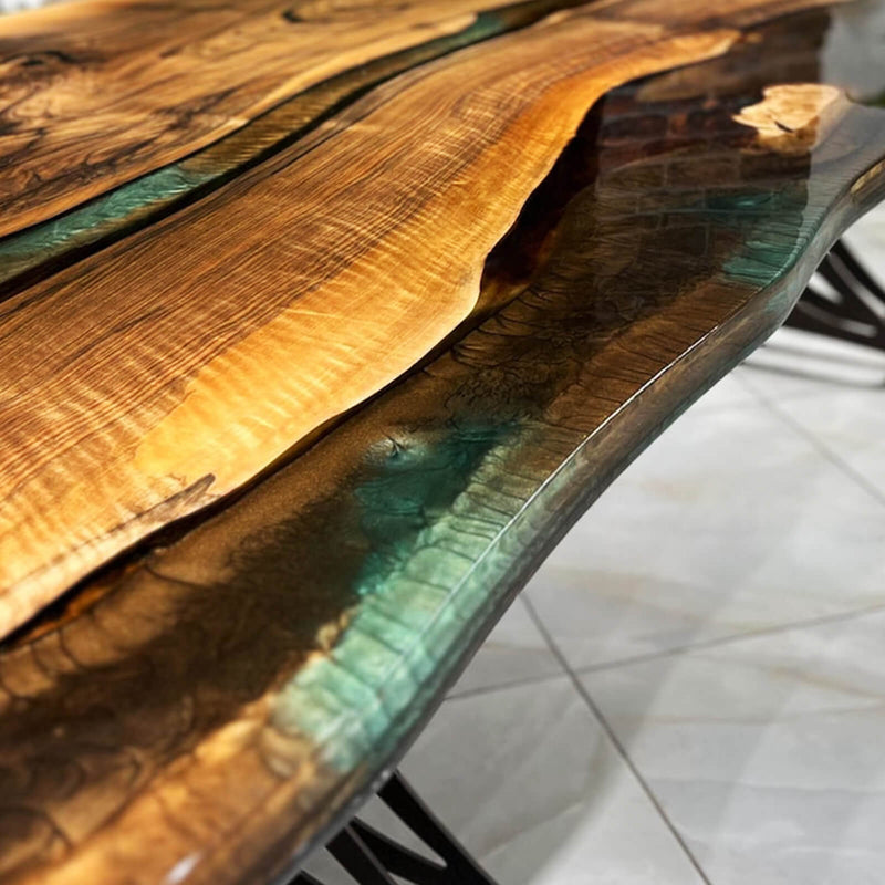 Custom Black Walnut Epoxy Resin River Table Gold Green BRT-92